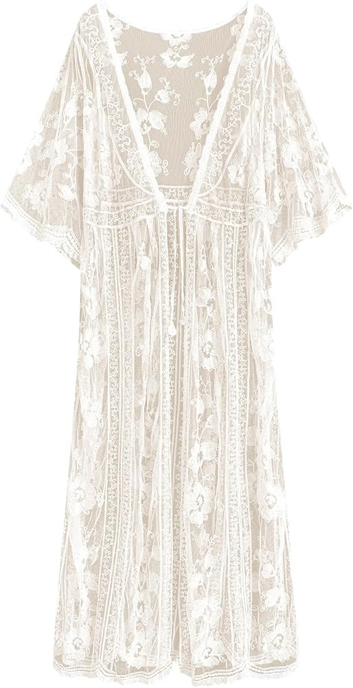Romanstii Women's Lace Cardigan Floral Crochet Sheer Beach Cover Ups Long Kimono | Amazon (US)