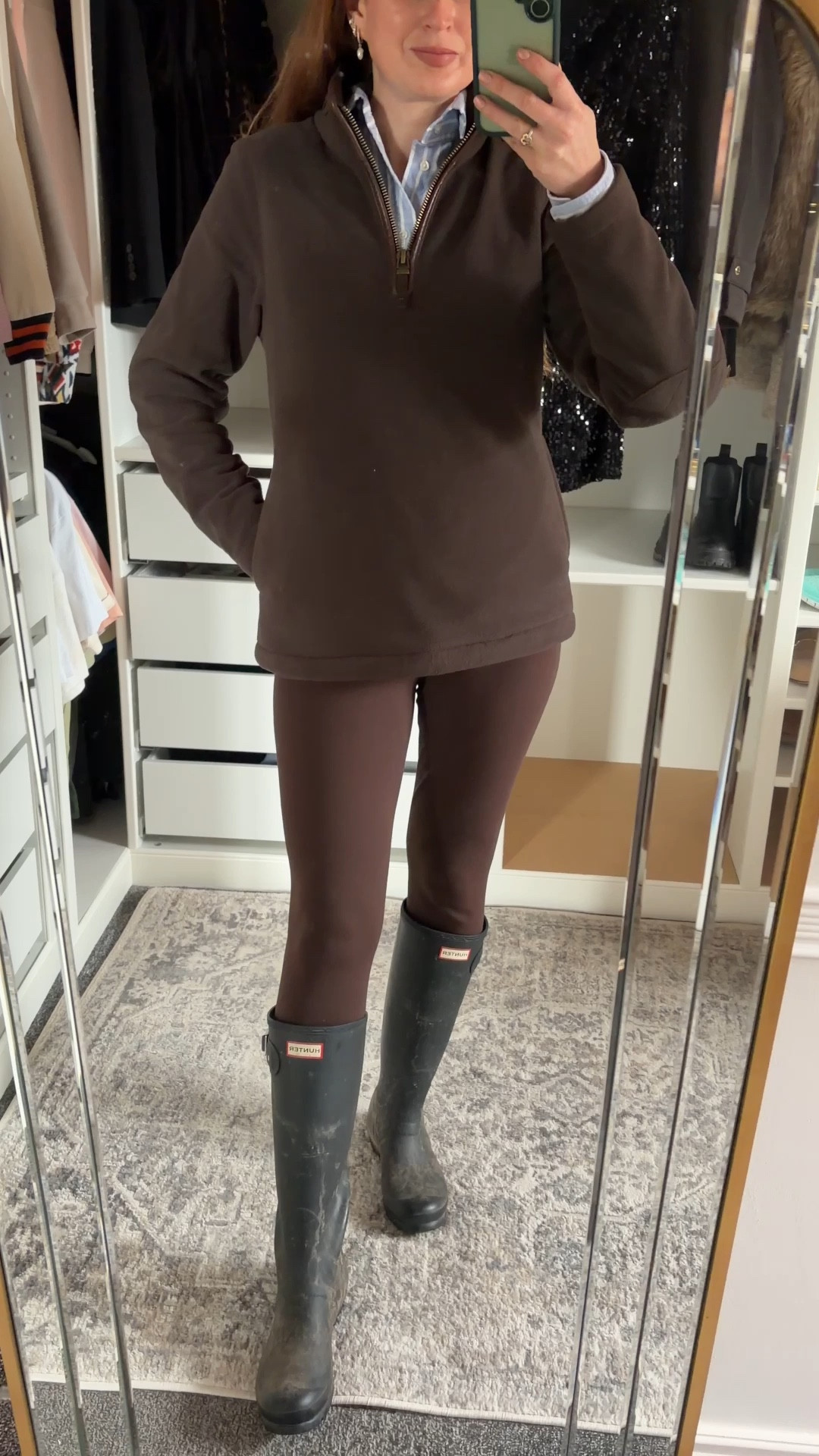 A classic rainy-day look in rich brown tones, half-zip fleece layered over a blue shirt, streamlined leggings, and timeless Hunter boots. Practical, polished, and effortlessly country-chic. 🐎🤎



#LTKuk #LTKluxury #LTKwinter