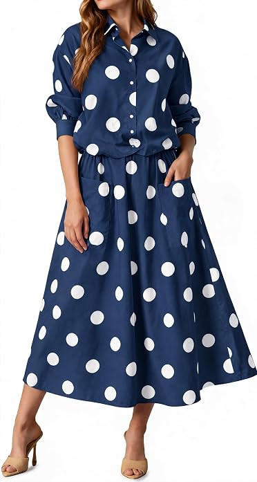 Tankaneo Womens Polka Dot 2 Piece Skirt Sets Long Sleeve Dress Matching Set | Amazon (US)