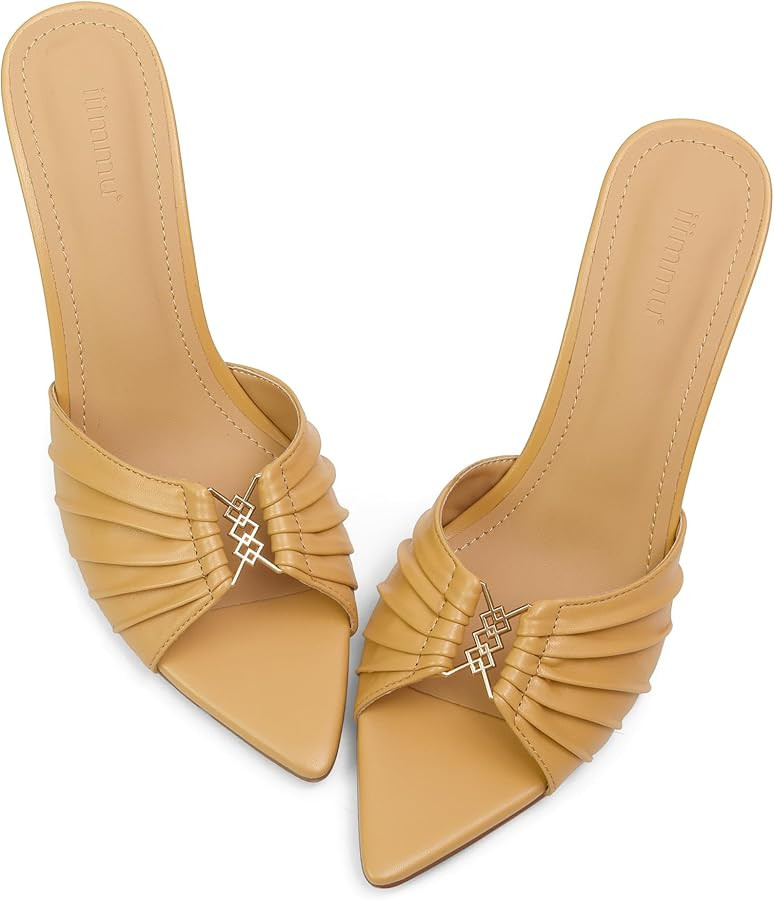 iiimmu 3.5 IN Stiletto Mules High Heels with Pointed Peep Toe Heeled Sandals Faux Leather | Amazon (US)