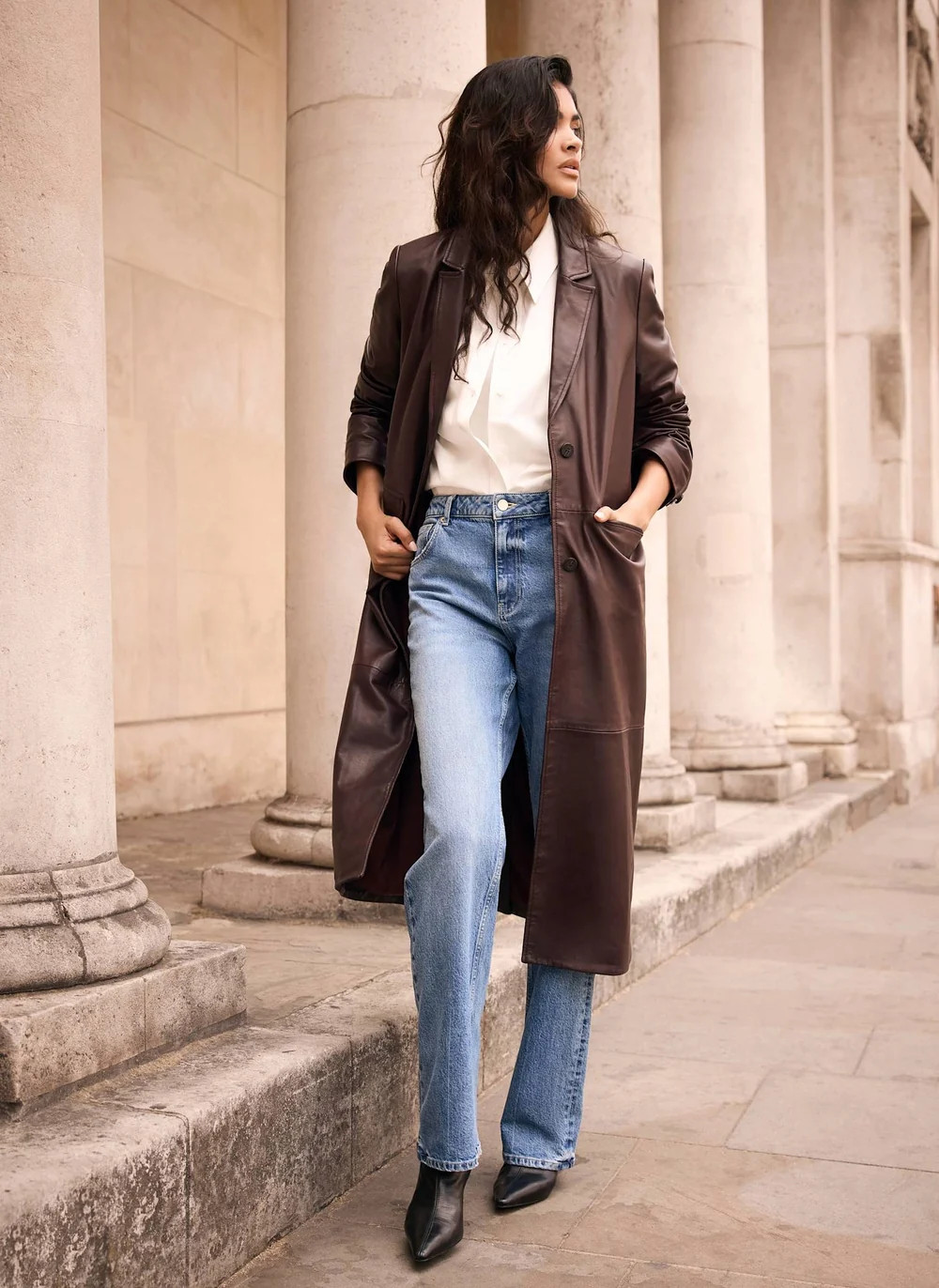 Burgundy Leather Longline Coat | Mint Velvet - ROW