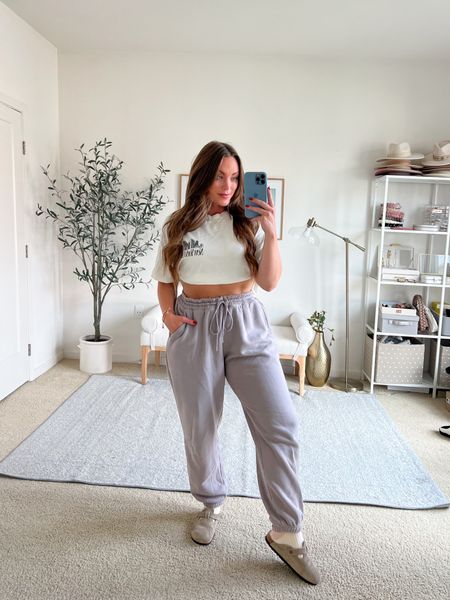 I’m a girl that loves her comfy casual pieces. These are the most comfortable sweatpants- order usual size if you want fitted, size up for a super oversized fit.

Abercrombie has the best graphic tees, I make the tee cropped by tucking up into my bra.

Birkenstocks and super comfy socks for a fall casual outfit.

#LTKshoecrush #LTKstyletip #LTKmidsize