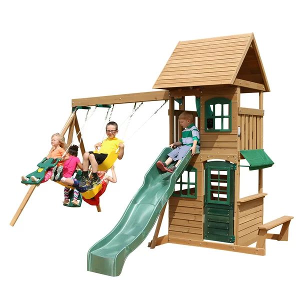 KidKraft Windale Wooden Swing Set / Playset with Clubhouse, Swings, Slide, Shaded Table and Bench | Walmart (US)