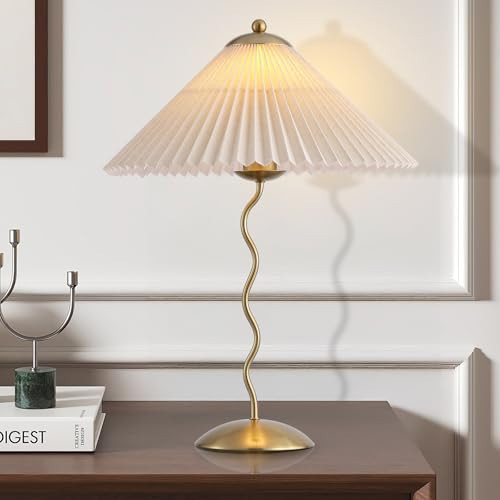 YJSQOEOE Pleated Table Lamp, S Tube Modern Table Lamp for Bedroom, Bedside Lamps with Organic Textured Linen Lampshade for Nightstand Bedroom Home Office Decor, Gold | Amazon (US)