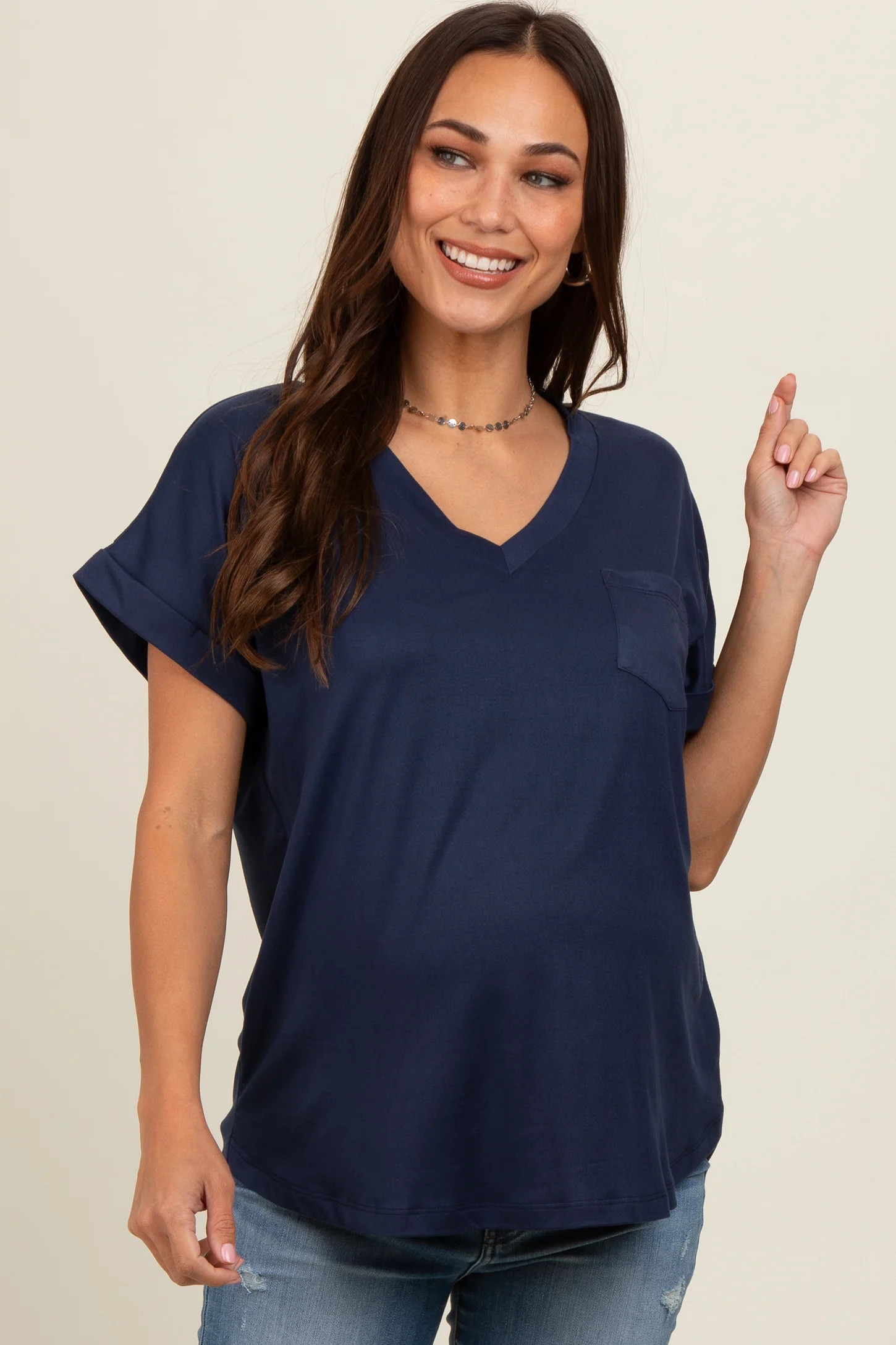 Navy V-Neck Pocket Short Sleeve Maternity Shirt | PinkBlush Maternity