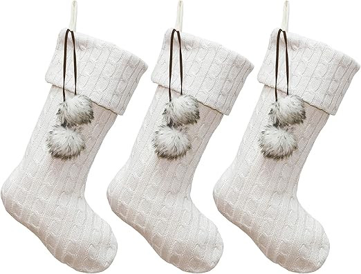 New Traditions Simplify Your Holiday 3-Pack Christmas Cable Knit Stockings with Pom Poms (Ivory/I... | Amazon (US)