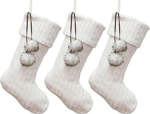 New Traditions Simplify Your Holiday 3-Pack Christmas Cable Knit Stockings with Pom Poms (Ivory/I... | Amazon (US)