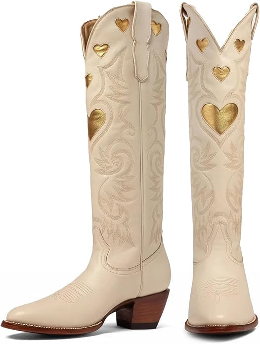Cowboy Boots for Women Wide Calf Round Toe Chunky Stacked Heel Knee High Cowgirl Boot Heart Patte... | Amazon (US)