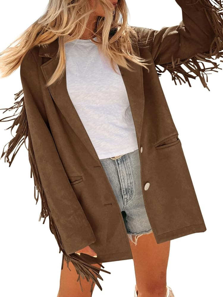 Cicy Bell Womens Faux Suede Fringe Jacket Casual Blazer Long Sleeve Lapel Button Front Suit Jacke... | Amazon (US)