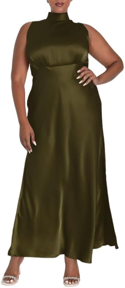 Summer Plus Size Mock Neck Satin Maxi Dress for Women 2024 Elegant Sleeveless Silk Dresses for We... | Amazon (US)