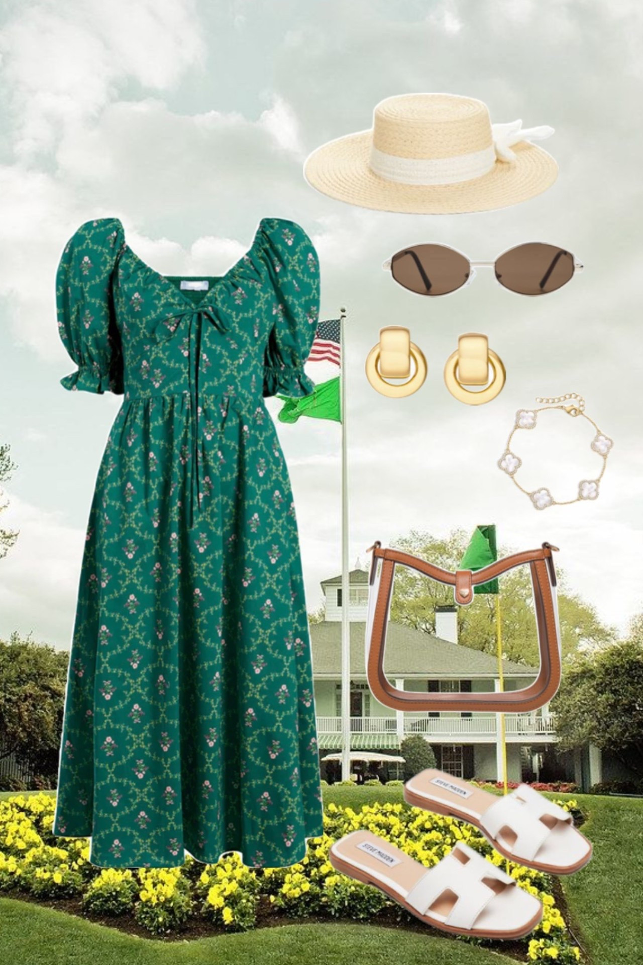 Spring outfit, masters outfit, golf tournament outfit, green puff sleeve dress, midi dress, brunch outfit, casual cute travel style 

#LTKspring #LTKSpringSale #LTKootd