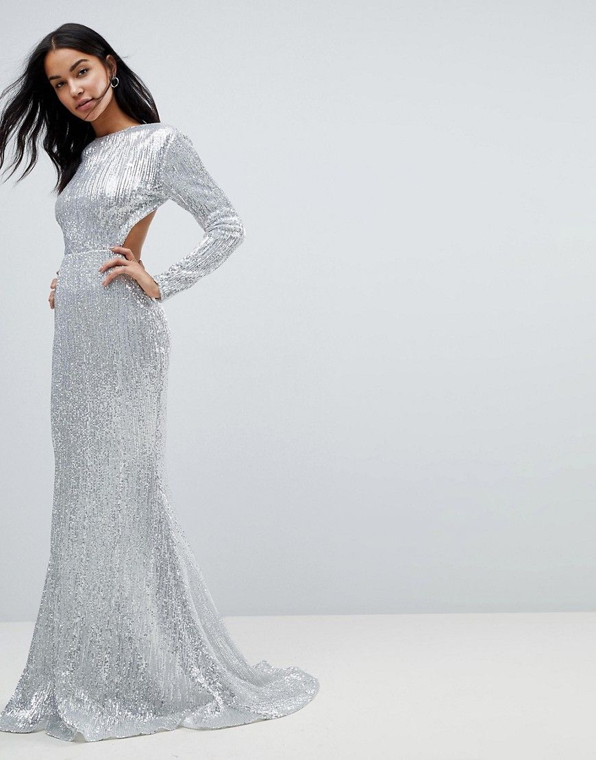 Club L Long Sleeve Sequin Backless Maxi Dress - Silver | ASOS US