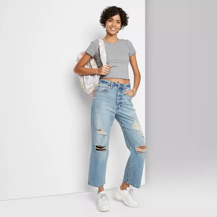 Women's Super-High Rise Distressed Straight Jeans - Wild Fable™ Medium Blue 8 | Target