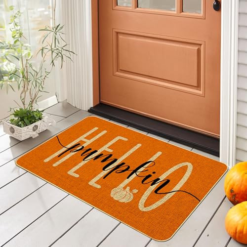 Hello Pumpkin Door Mat Welcome Decorative, Autumn Thanksiving Pumpkin Farmhouse Outdoor Indoor Patio Entrance Door Mats Low Profile Non Slip Outside Inside Floor Mat Rugs for Home Decor 29x 17Inch | Amazon (US)