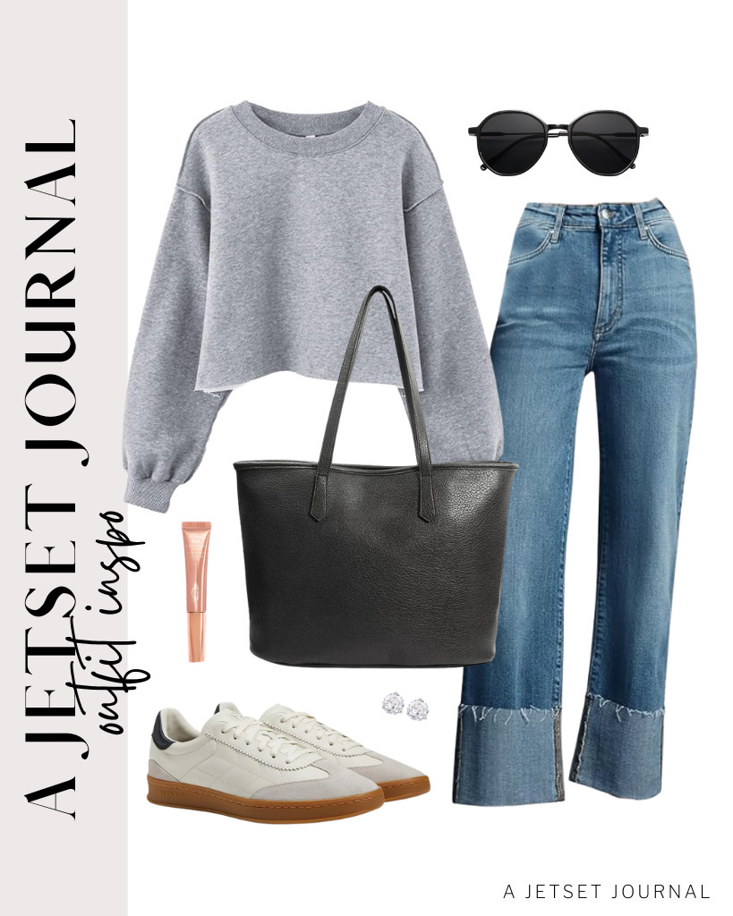 We also love this heather gray cropped sweatshirt that you can pair with wide-leg jeans from KUNMI. This combo goes well with Cole Haan sneakers and this stylish zipper tote bag. Complete the look with SOJOS sunnies and add the Charlotte Tilbury Beauty Light Wand highlighter to your makeup. 

 #LTKSeasonal #LTKSaleAlert #LTKTravel