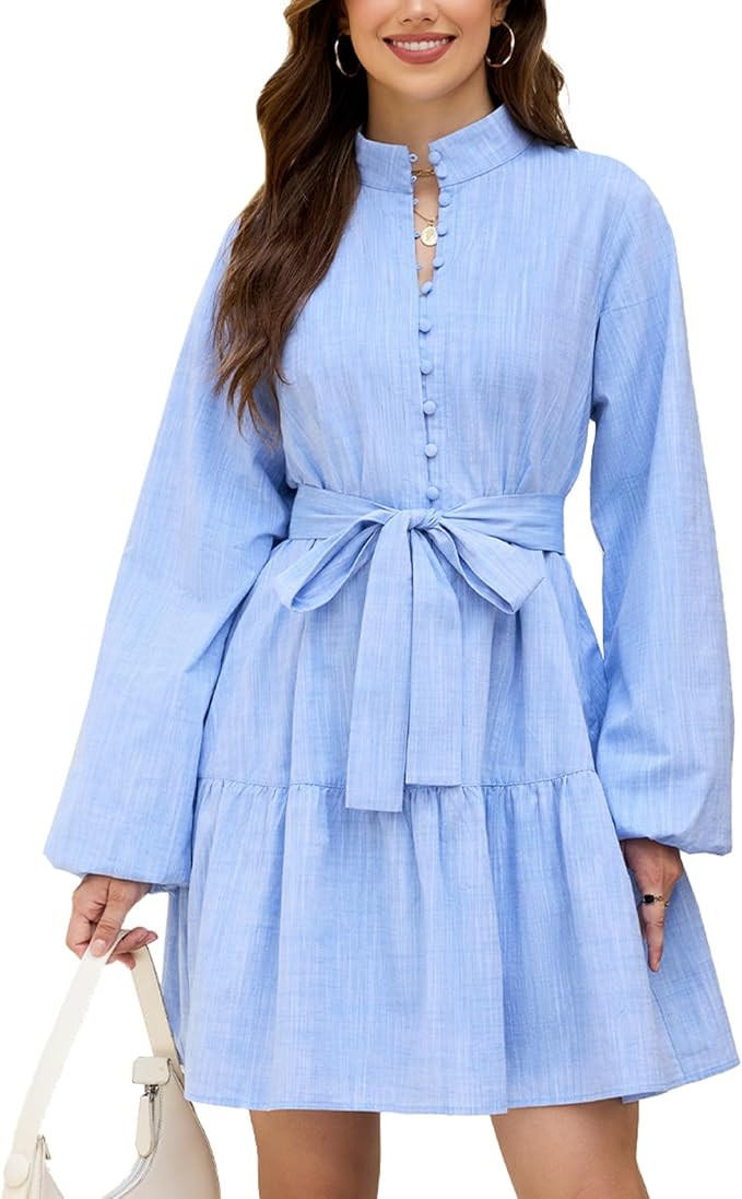 Women's Long Puff Sleeve Cotton Linen Dress Button Up Belted Ruffle Hem Tiered Mini Dress | Amazon (US)