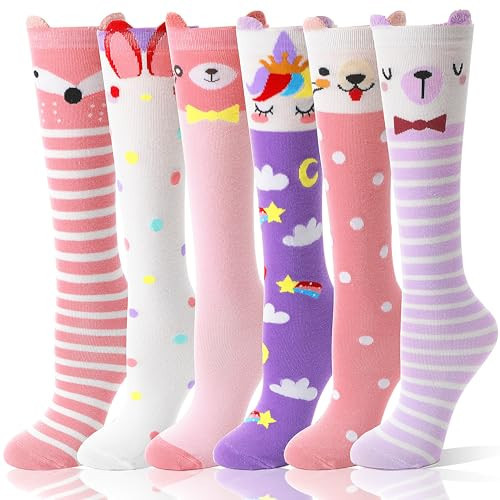 MOGGEI Kids Girls Knee High Socks Long Boot Crazy Silly Fun Gift Tall Funny Cute Animal Christmas Gift for 4 5 6 7 8 9 10 11 12 Year Old Girls Stocking Stuffers Socks 6 Pairs （Animal Pink Purple） | Amazon (US)
