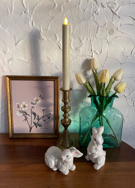 Spring home decor, Easter decorations, faux tulips, white bunnies, brass candlestick 

#LTKunder50 #LTKSeasonal #LTKhome