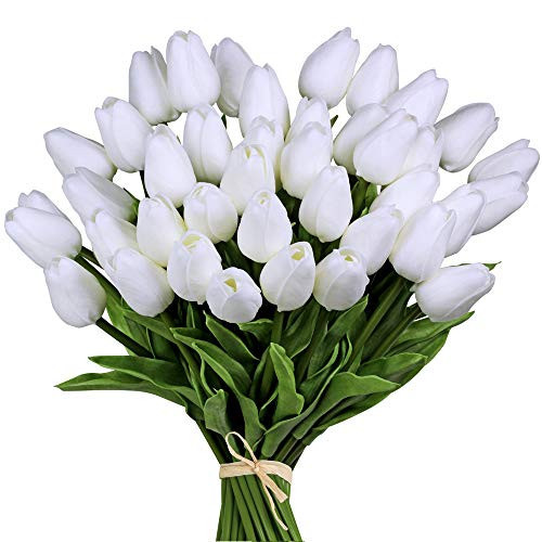 30pcs White 14" Artificial Latex Tulips Flowers for Wedding Party Home Decoration (White-30pcs) | Amazon (US)