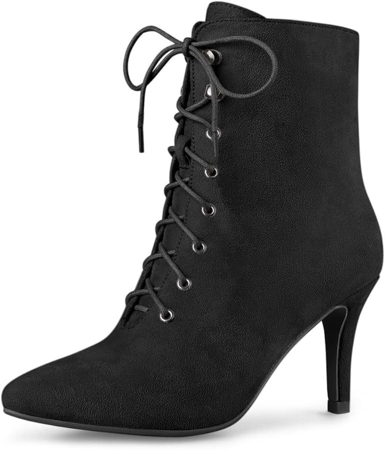 Allegra K Women's Pointy Toe Zip Lace Up Stiletto Heel Ankle Boots | Amazon (US)
