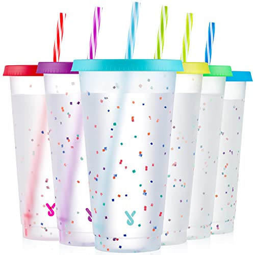 Meoky Confetti Color Changing Cups with Lids and Straws for Iced Coffee, Party, Pool - 6 Pack 24oz Reusable Plastic Tumblers for Kids and Adults | Amazon (US)