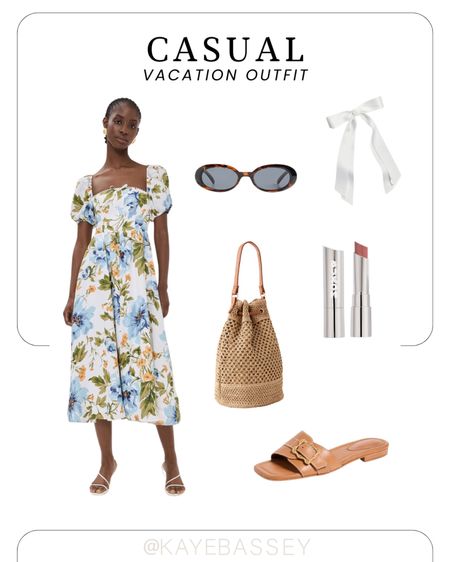 Casual vacation outfit featuring midi floral dress straw bucket bag sunglasses hair bow accessory sandal slides style guide summer outfit idea #shopbop #vacation #ootd #floral #dress #sundress #style

#LTKSeasonal #LTKstyletip #LTKtravel