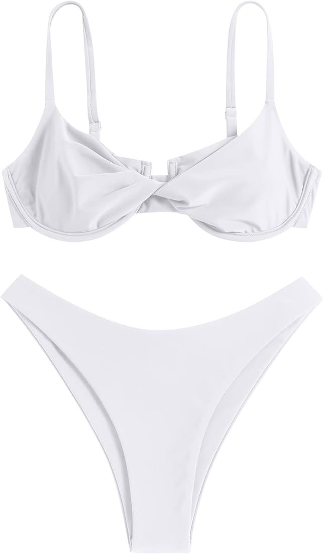 ZAFUL Women's Twist Front Bikini Sets Underwire Tie Back Bikini High Waisted Two Piece Swimsuit | Amazon (US)