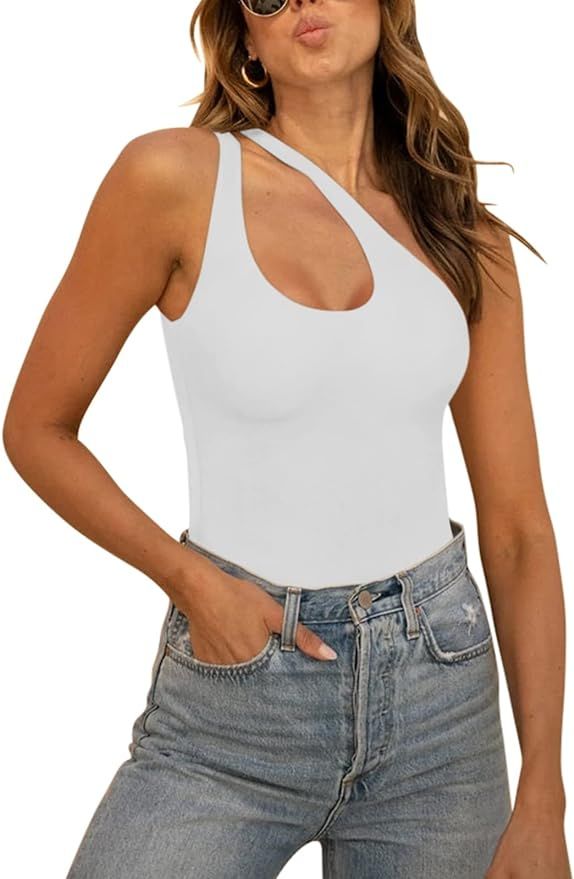 REORIA Women’s Sexy One Shoulder Cutout Front Backless Sleeveless Tank Top Bodysuits | Amazon (US)