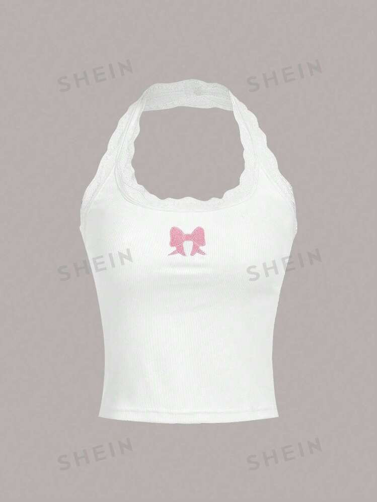 SHEIN MOD Spring Break Bow Print Contrast Lace Halter White Bodycon Top | SHEIN