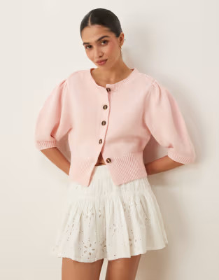 ASOS DESIGN crew neck cardigan with puff sleeve in pink | ASOS (Global)