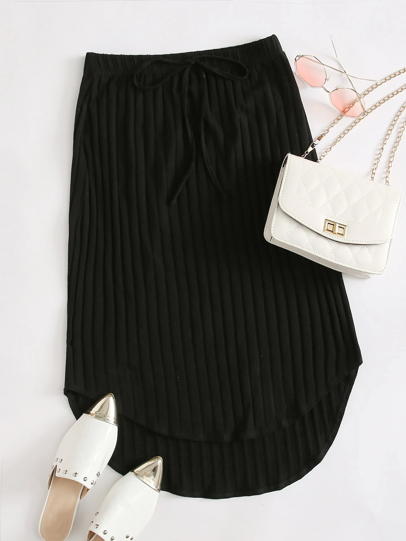 SHEIN Knot Front Rib-knit High Low Skirt | SHEIN