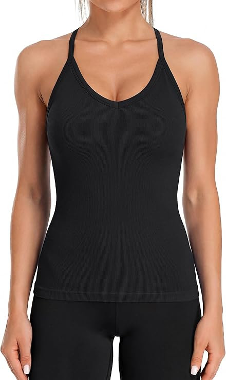 ATTRACO Ribflex Ribbed Workout Tank Tops for Women with Built in Bra V Neck Rackback Going Out Ca... | Amazon (US)