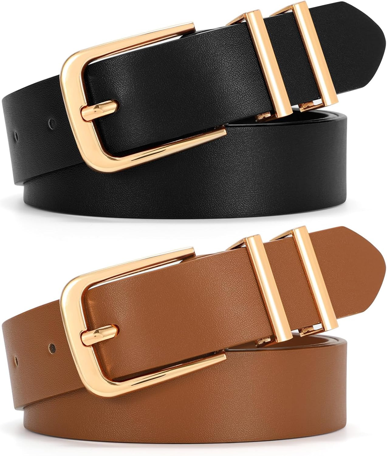 2 Pack Women Belt for Jeans Pants, Simple Fashion Ladies Waist Belt with Gold Buckle, 1inch Width | Amazon (US)