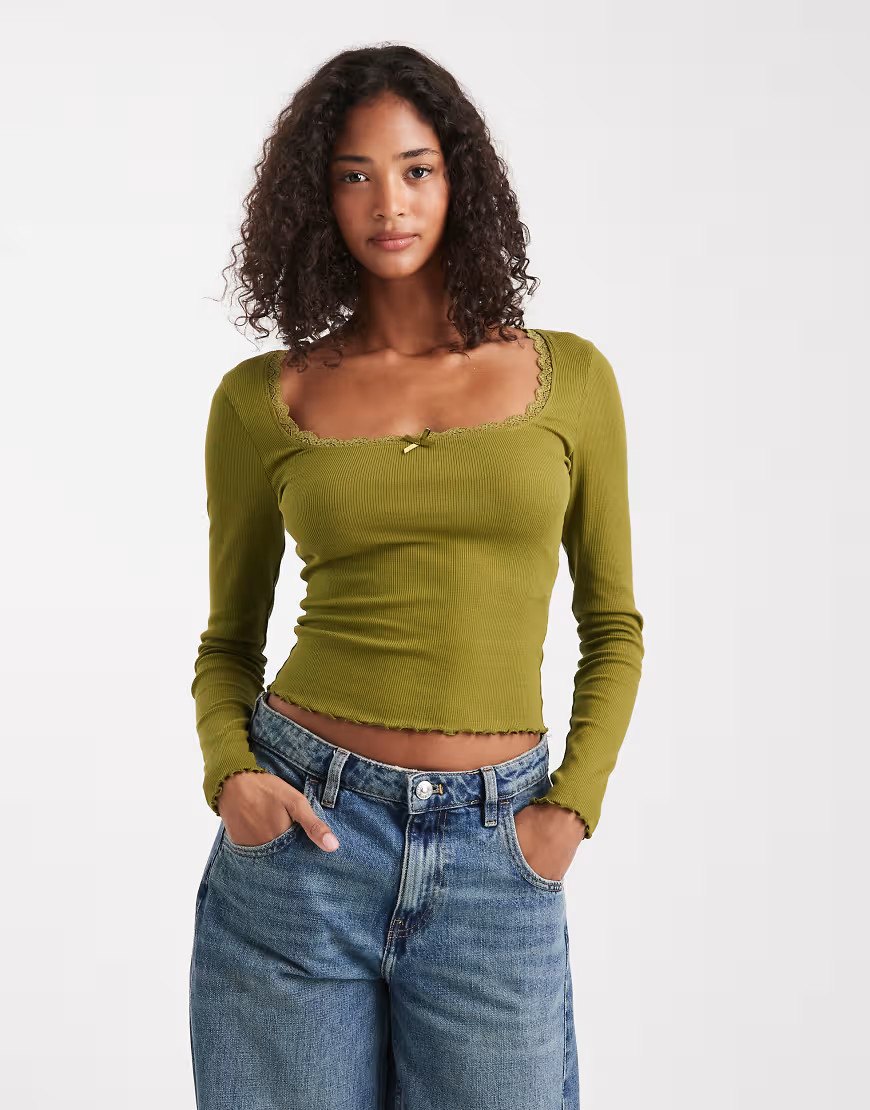 Miss Selfridge rib square neck top in olive-Green | ASOS (Global)