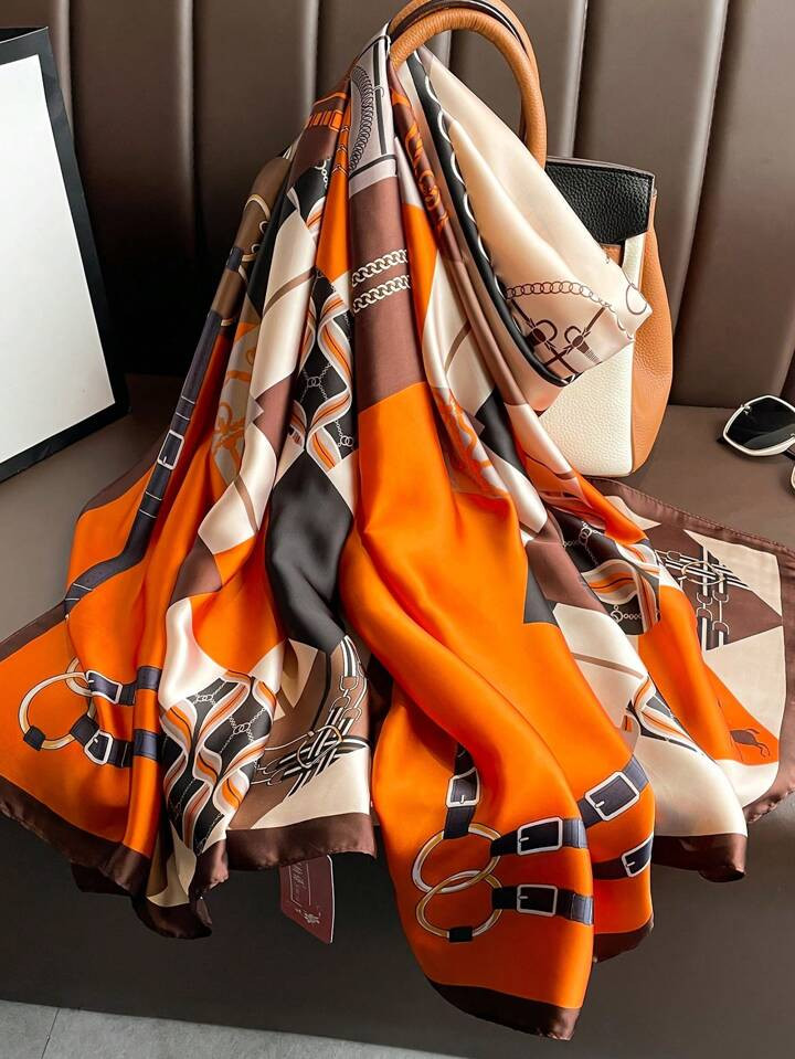1pc Women Bandana Orange Retro Colorblock Patchwork Printed Faux Silk 90*180cm Long Scarf, New Wo... | SHEIN