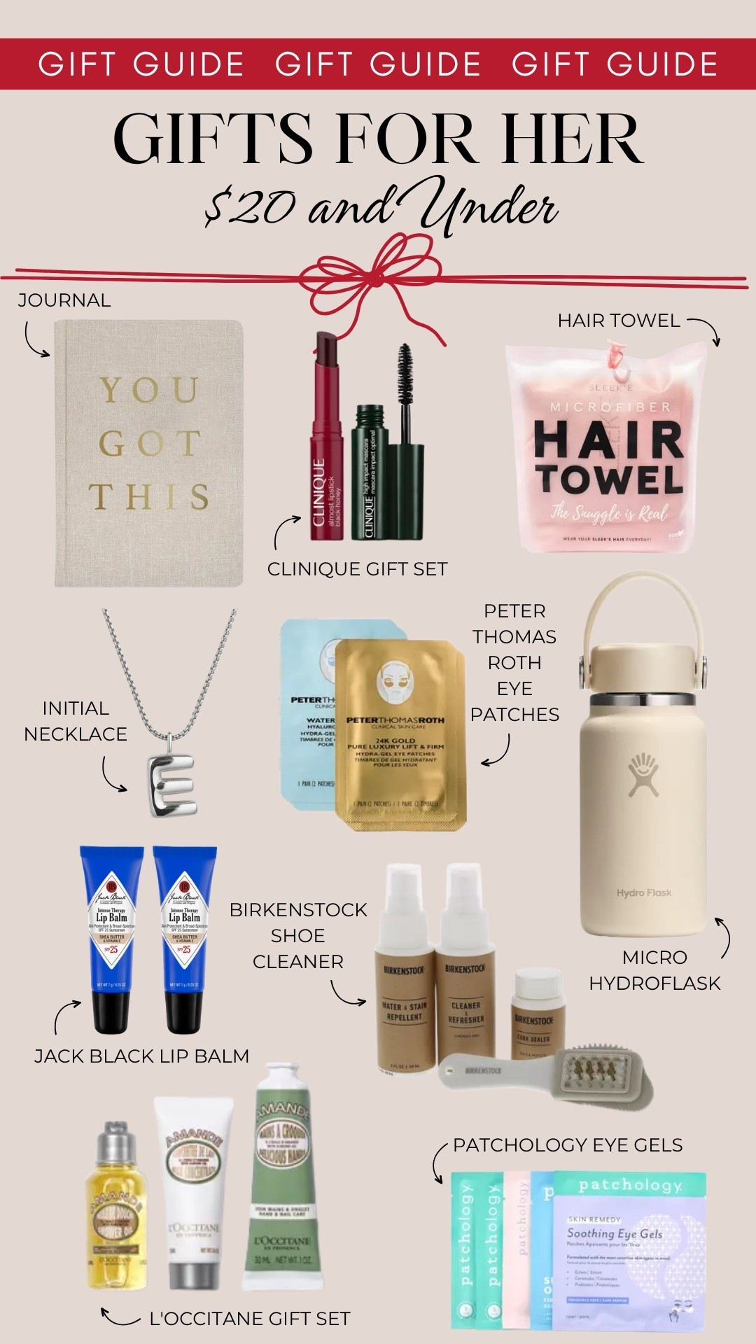 These gifts for her are all under $20 and include a journal, Clinique gift set, a hair towel, initial necklace, Peter Thomas Roth eye patches, a micro Hydroflask, Jack Black lip balm, Birkenstock shoe cleaner, L’Occitane gift set, and Patchology eye gels.

Gifts for her, gifts for mom, gifts under 25, gift guide

#LTKHoliday #LTKFindsUnder50 #LTKGiftGuide