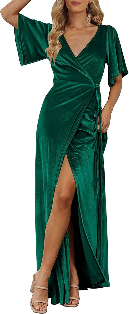 MEROKEETY Women's V Neck Wrap Velvet Maxi Wedding Guest Dress Bell Sleeve Split Bridesmaid Cockta... | Amazon (US)