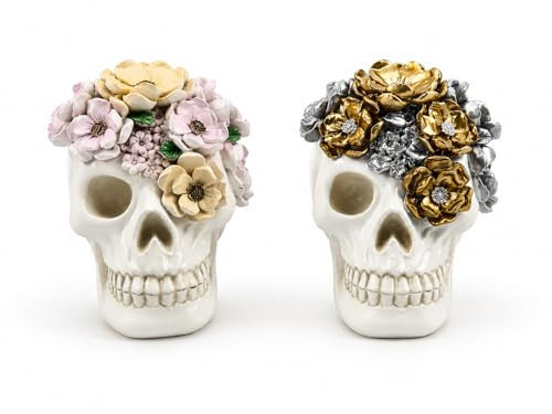 2 Gothic Halloween Decor Resin Pastel Flower Skull Figurines (Floral Skull) | Amazon (US)