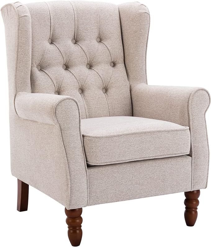 COLAMY Button Tufted Wing Back Accent Chair, Thick Upholstered Arm Chair with Trim Rubber Wood Le... | Amazon (US)