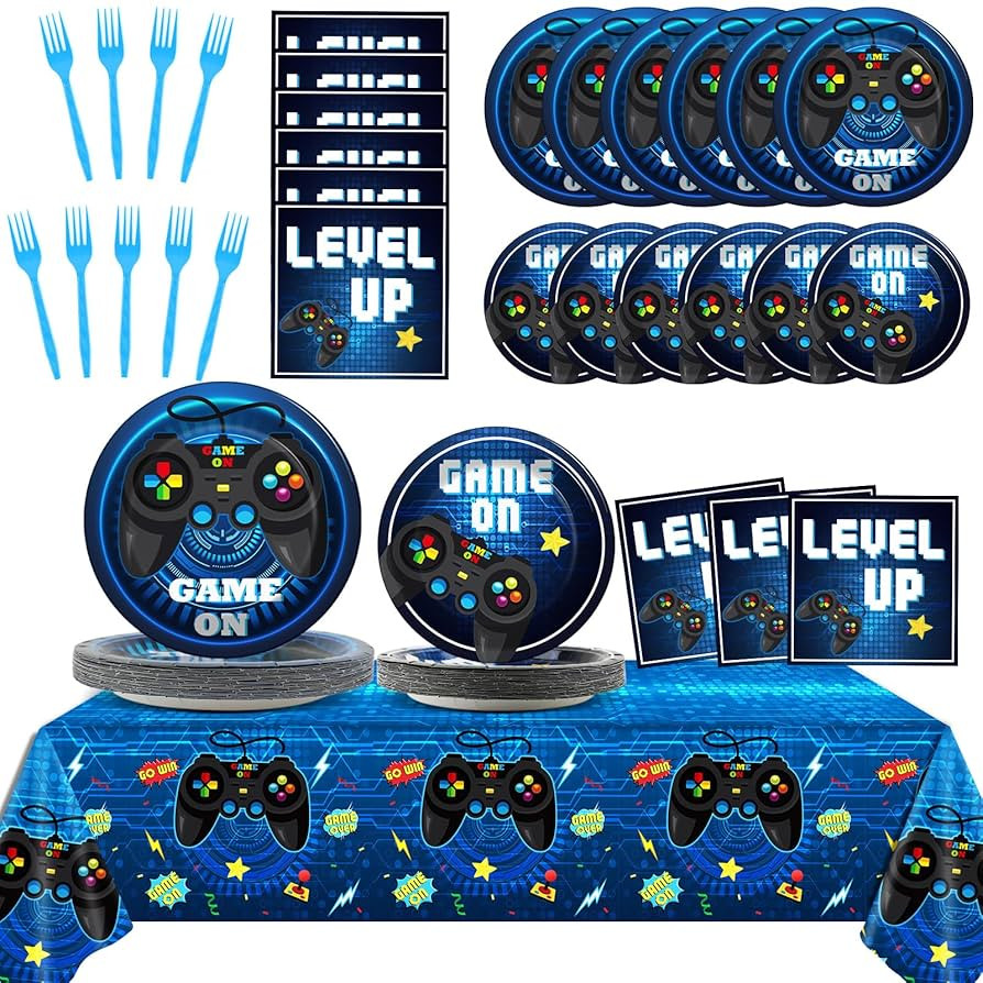 Gisgfim Video Game Party Supplies Tableware Set for 24 Guests - Gaming Birthday Plates, Blue Game... | Amazon (US)