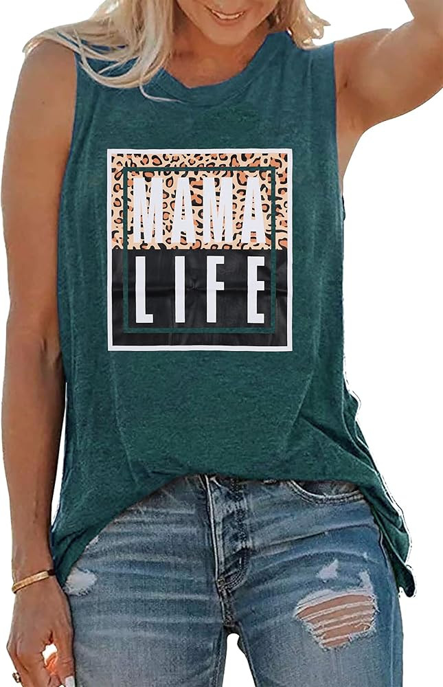 Leopard Mama Life Women Tank Top Funny Cute Print Graphic Mom Sleeveless Tee Shirt | Amazon (US)