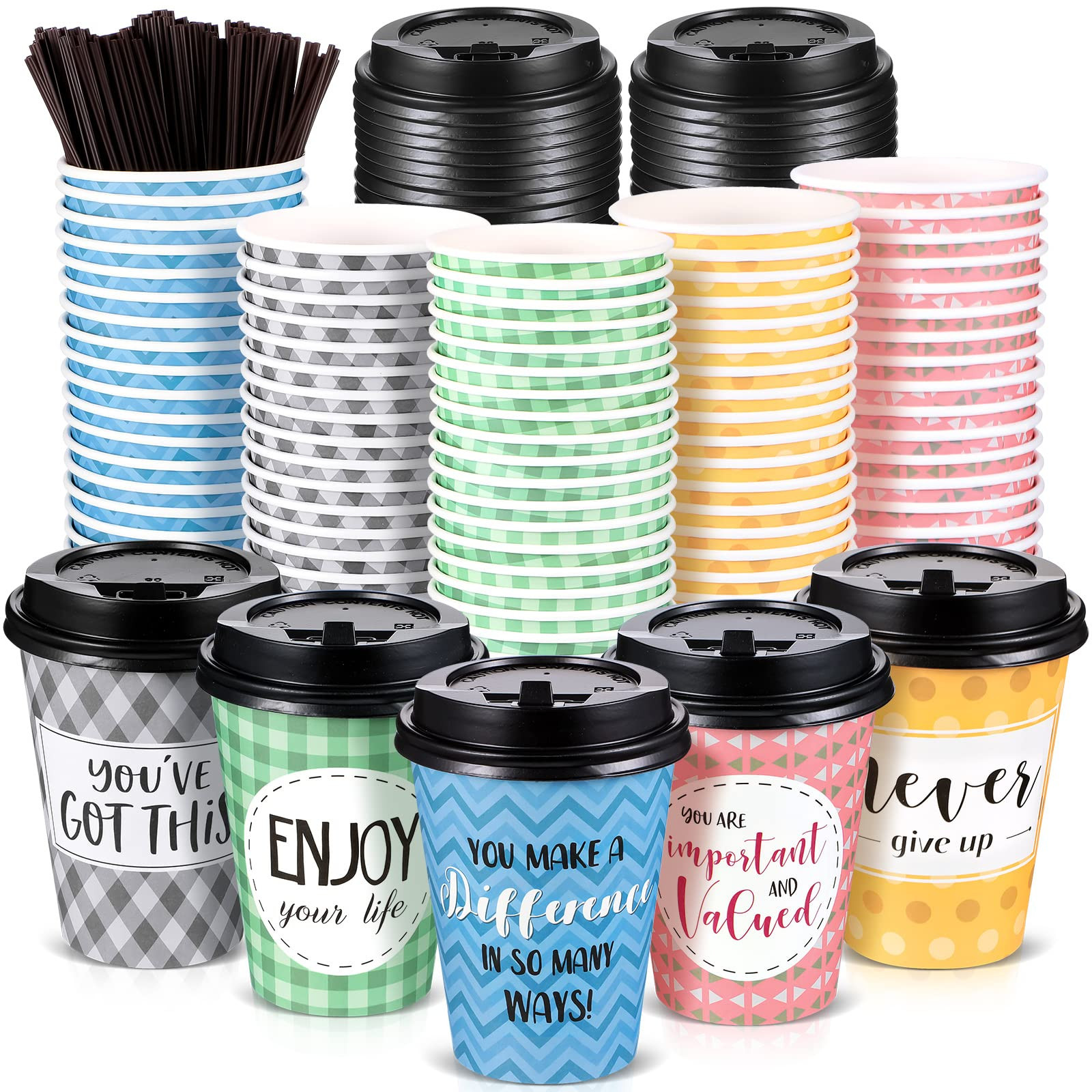 Gerrii 100 Pack Disposable Coffee Cups with Lids and Straws, Motivational Paper Hot Cups with 6 Q... | Amazon (US)
