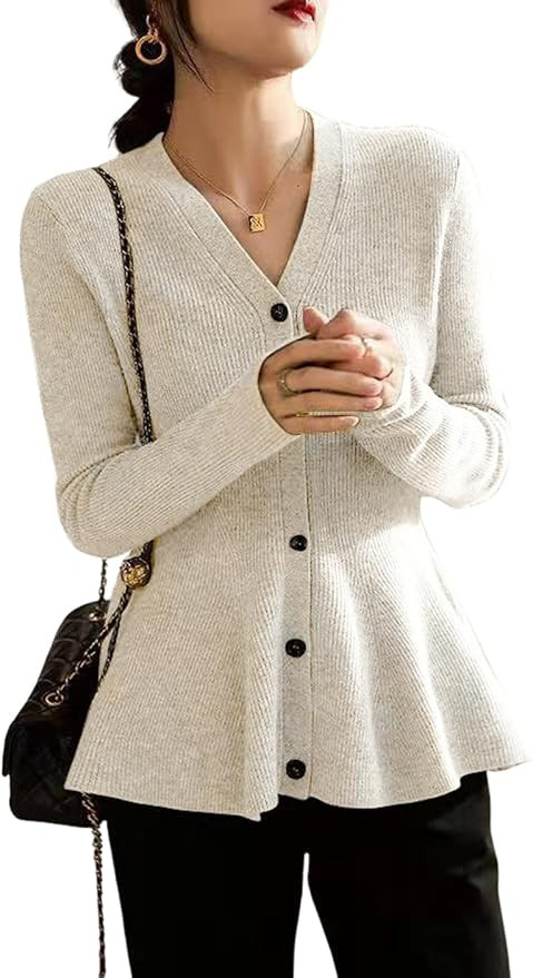 chouyatou Women's Fall Lightweight Peplum Cardigan Sweater Button Down Cardigan Jacket Business C... | Amazon (US)