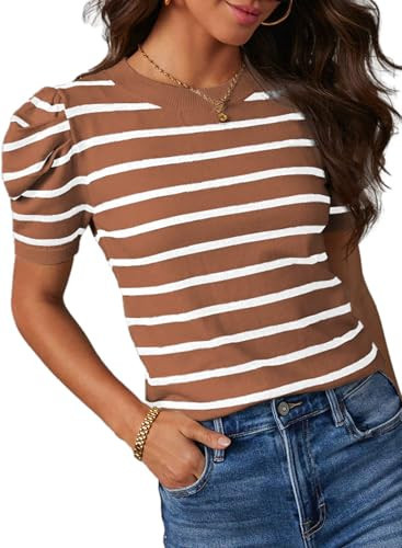 Dokotoo Women's Puffed Short Sleeve Summer Tops Crew Neck Striped Blouse Color Block Comfy Slim Fit Knitted Pullover Elegant Khaki Tunic Tops Medium | Amazon (US)