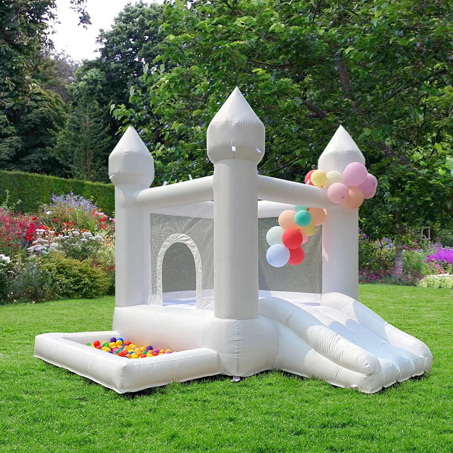 9′ × 9′ White Bounce House with Slide and Air Blower – Durable Oxford Fabric Kids Party Bo... | Wayfair North America