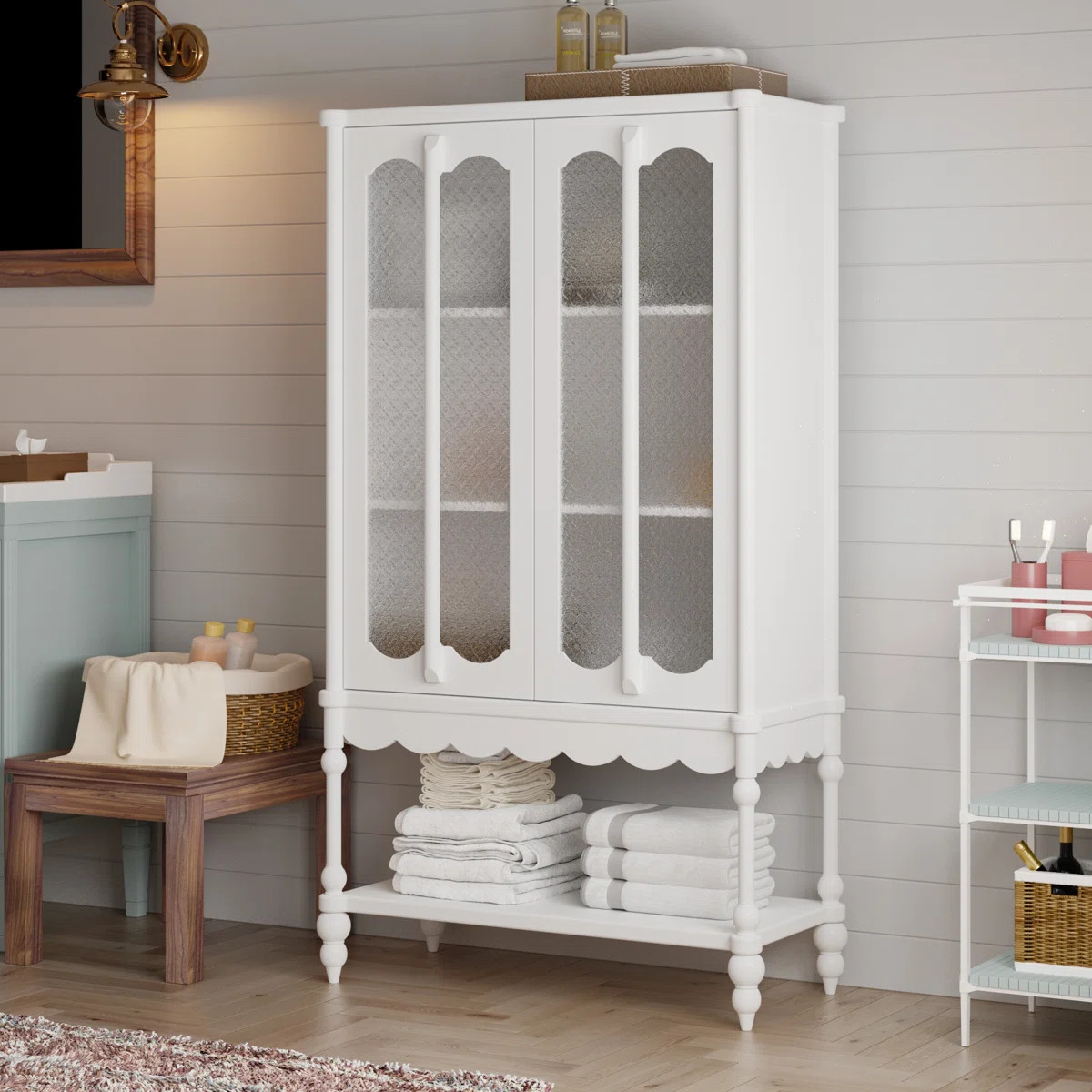 Bathroom Linen Cabinet With Begonia-Style Tempered Glass Doors And Rubber Solid Wood Legs | Wayfair North America
