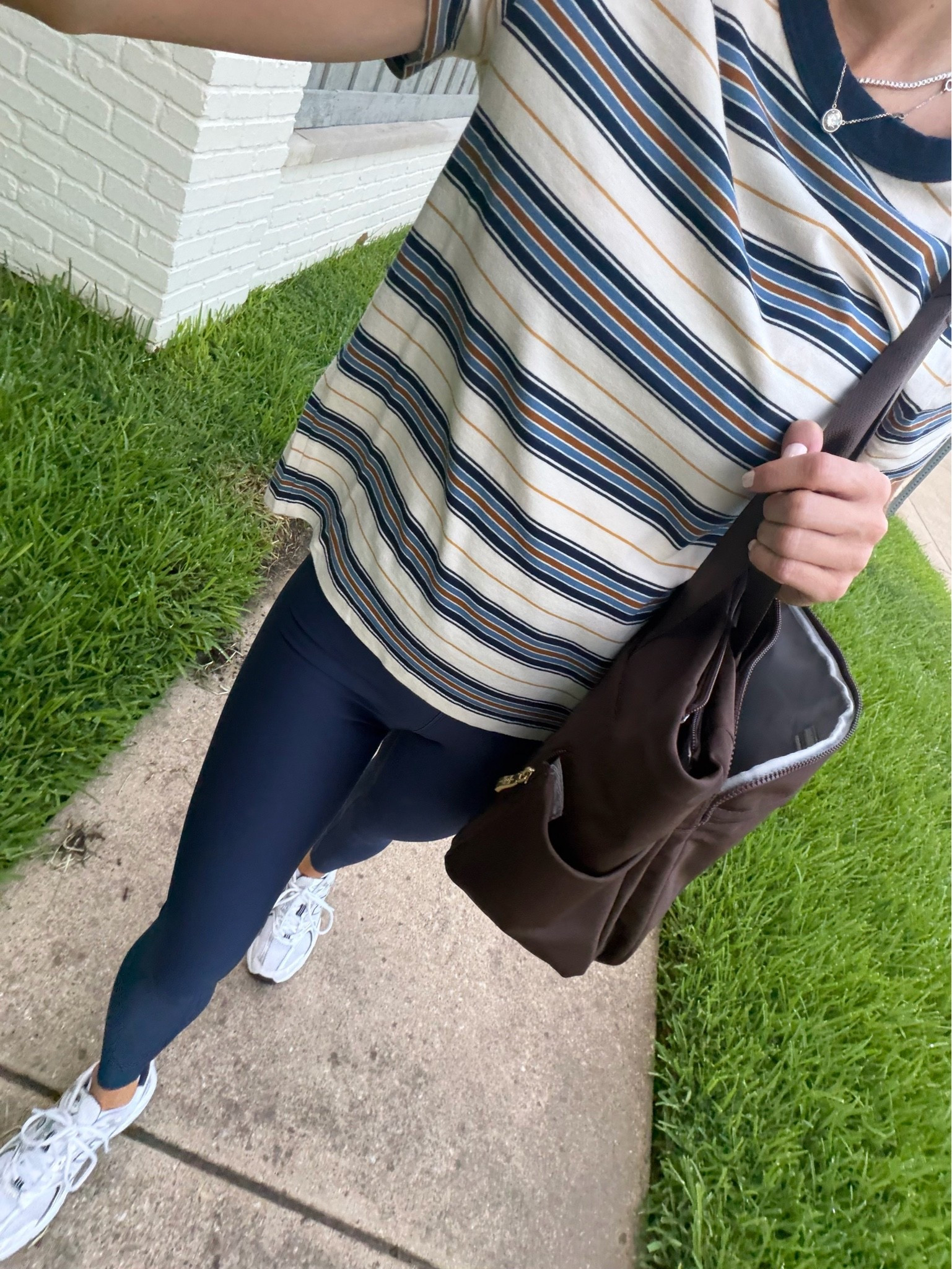 Madewell stripe tee - wearing XS. Crz yoga leggings - wearing XS.