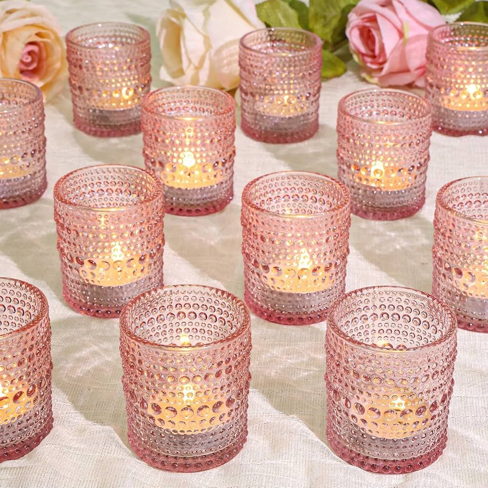 24 Pcs Votive Candle Holders, Pink Glass Candle Holders Bulk for Table Centerpiece, Tea Lights Ca... | Amazon (US)