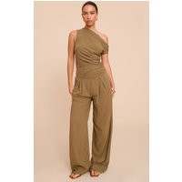Khaki Twist Sleeve Linen Ruched One Sleeve Jumpsuit, Khaki | PrettyLittleThing IE