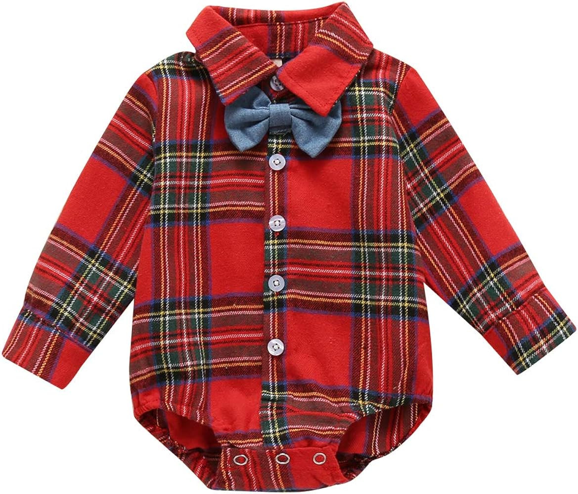 Christmas Outfits for Newborn Baby Boys Plaid Bodysuit Onesie with Bowtie Flannel Romper Dress Sh... | Amazon (US)